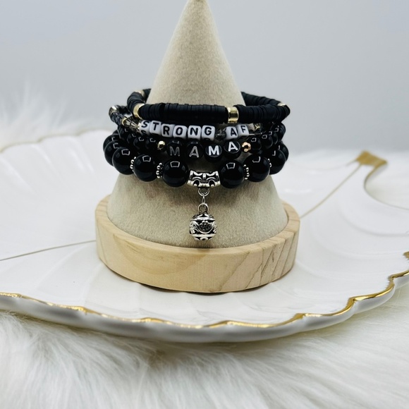 “Strong AF Mama” Arm Candy Beaded Bracelet Black - Picture 1 of 6
